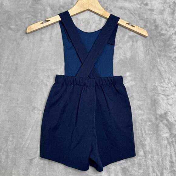 Eiseman Boys Shortall Romper Youth Size T4 Navy Blue Wool Blend Applique USA Vtg - Picture 2 of 6